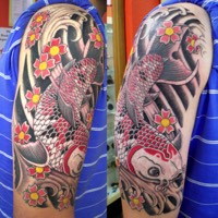 Oriental Tattoo of Koi Carp and cherry Blossoms with waves by Ian The Comedian