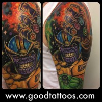 Thanos tattoo,, marvel tattoo, the snap, by Ian The Comedian 