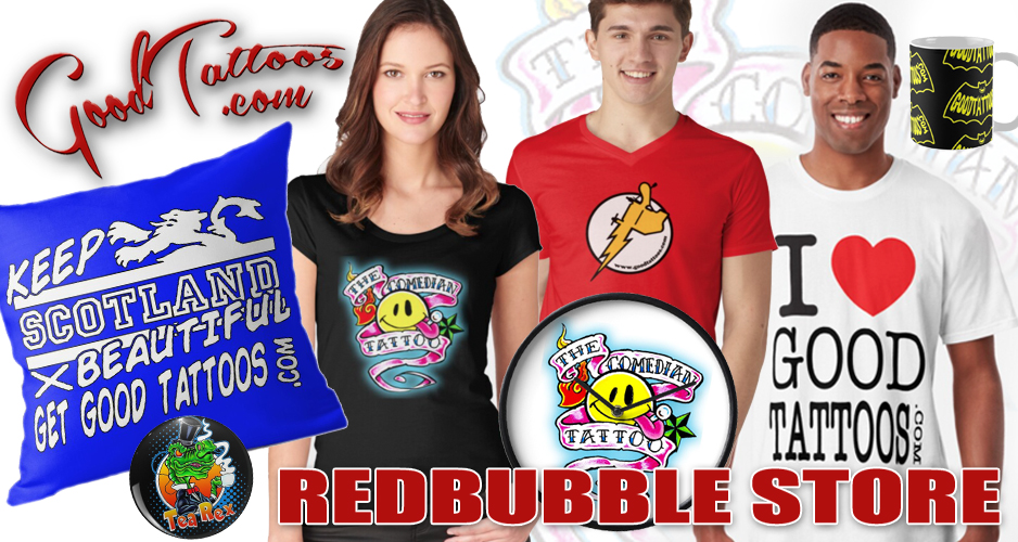 Image with various merchandise -T-shirts, Clock, cup and pillow