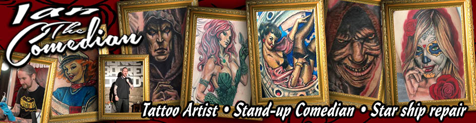 Banner for ian The Comedian artist page with images of tattoos and him tattooing and doing stand up 